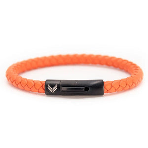Vertig Leather Bracelet Orange. Full view showcasing its vibrant, premium orange leather and sleek design.