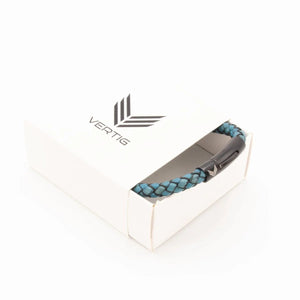 Vertig Leather Bracelet Vintage Blue carefully placed in its branded gift box. An ideal, sophisticated present with vintage appeal.