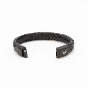 Vertig Magnetic Wide Leather Bracelet Black unclasped. Reveals the smooth interior leather and the robust, secure magnetic closure.