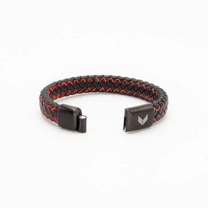 Vertig Magnetic Wide Leather Bracelet Black-Red unclasped. Reveals the smooth interior leather and the robust, secure magnetic closure mechanism.