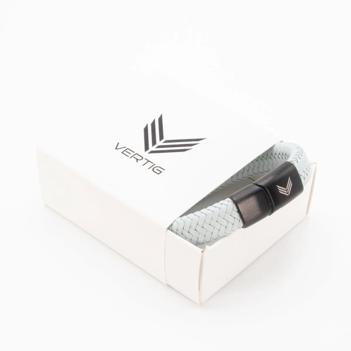 Vertig Magnetic Wide Leather Bracelet Grey presented in a luxurious branded gift box. Ideal for a sophisticated, minimalist present.