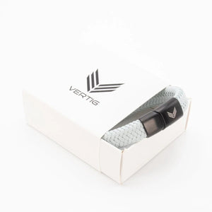 Vertig Magnetic Wide Leather Bracelet Grey presented in a luxurious branded gift box. Ideal for a sophisticated, minimalist present.