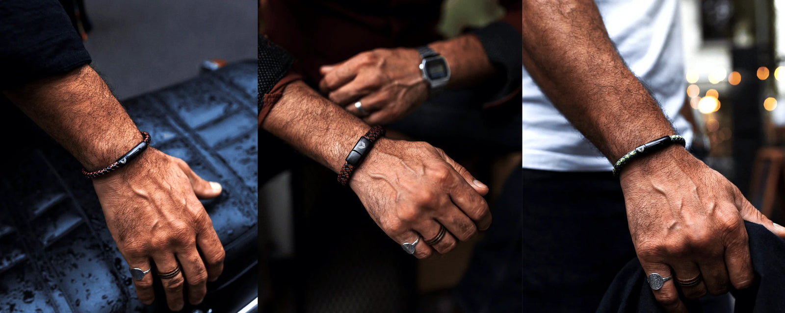 Men wearing Vertig paracord and magnetic bracelets in casual outdoor settings. Stylish wrist accessories with a rugged, nautical vibe.
