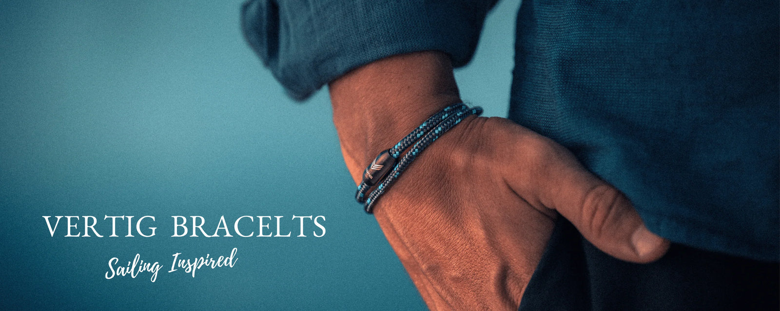 Close-up of a man's wrist wearing a Vertig sailing-inspired bracelet, combining paracord bracelets style with magnetic bracelets functionality.