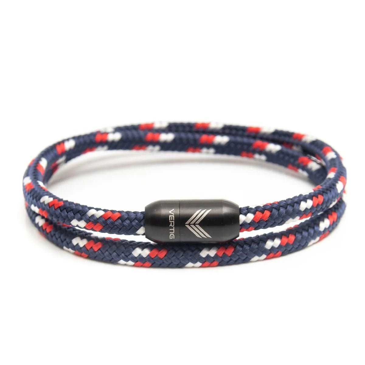 Vertig Magnetic Nautical Paracord Bracelet Blue-Red. Full view. Durable nautical rope for active lifestyles.