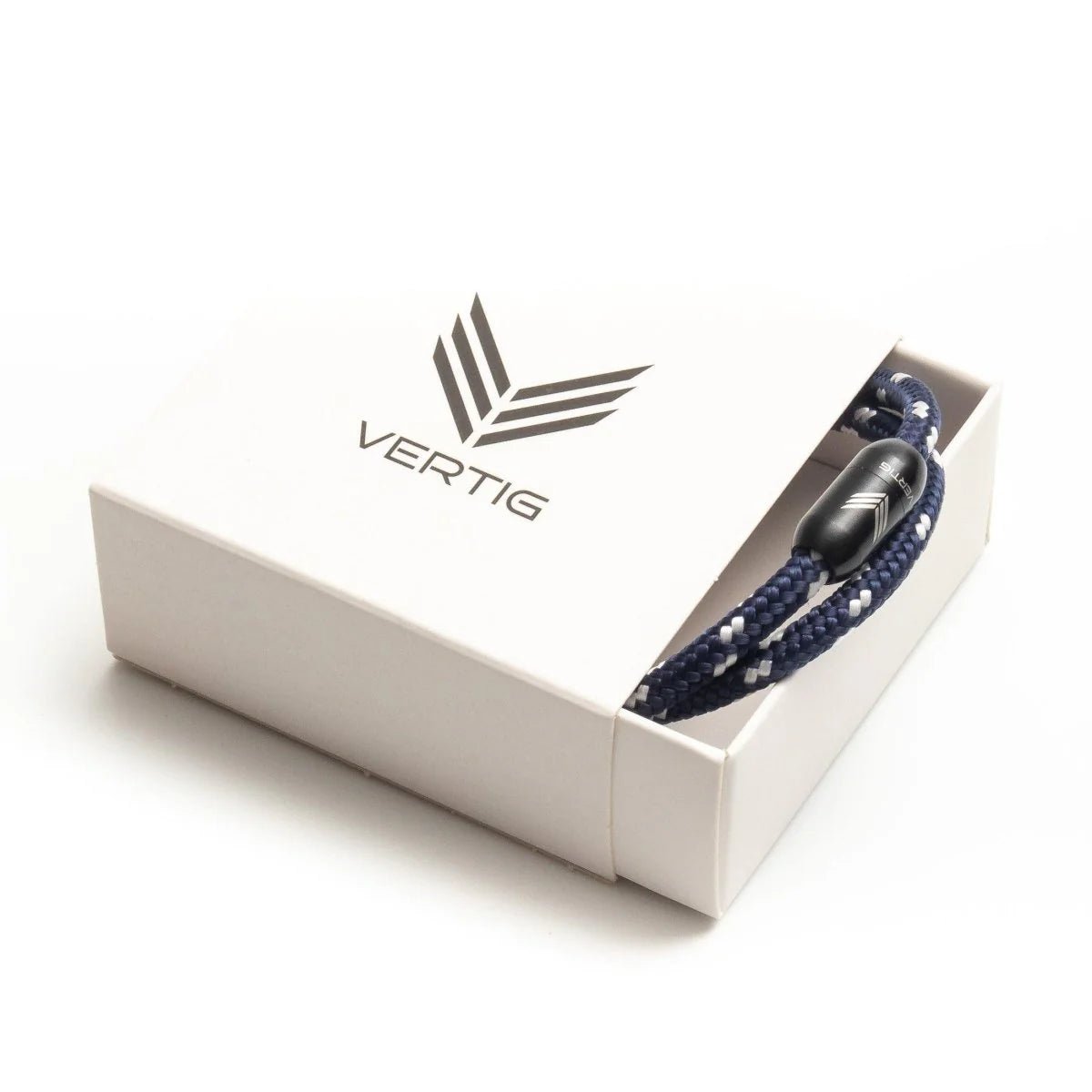 Vertig Magnetic Nautical Paracord Bracelet Blue-White in a branded gift box. Ideal for gifting.