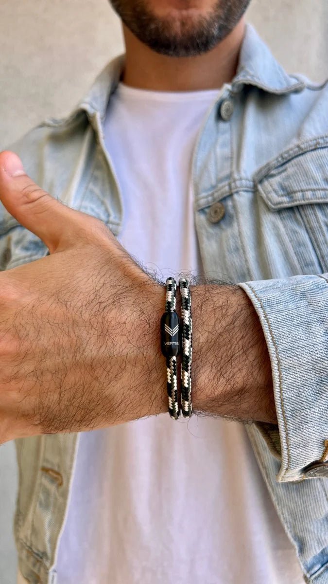 Vertig Magnetic Nautical Paracord Bracelet Camo on a man&#39;s forearm. Durable design, perfect for the active man.