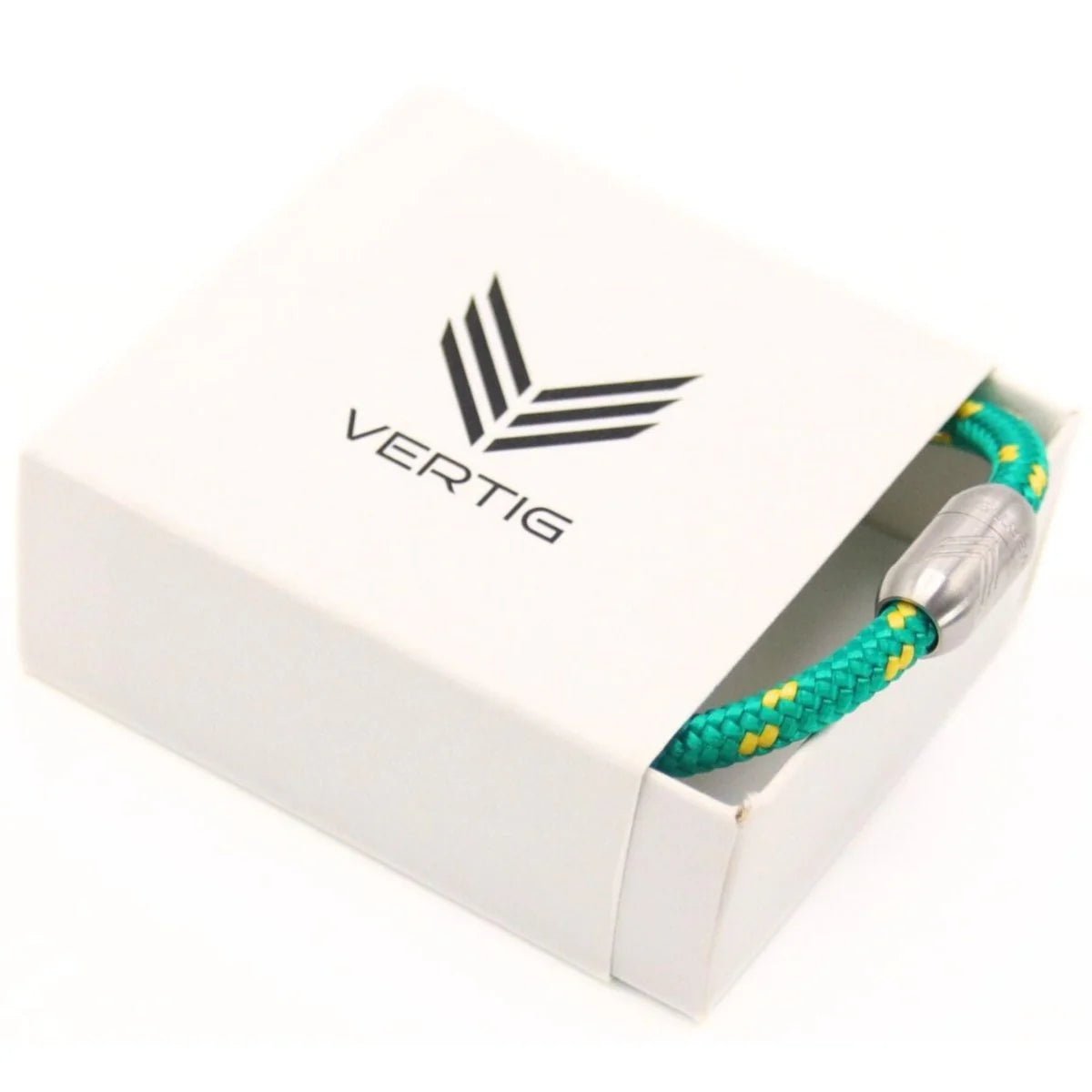 Vertig Magnetic Nautical Paracord Bracelet Green Yellow (Slim) in a branded gift box. Thoughtful present for eco-conscious style.