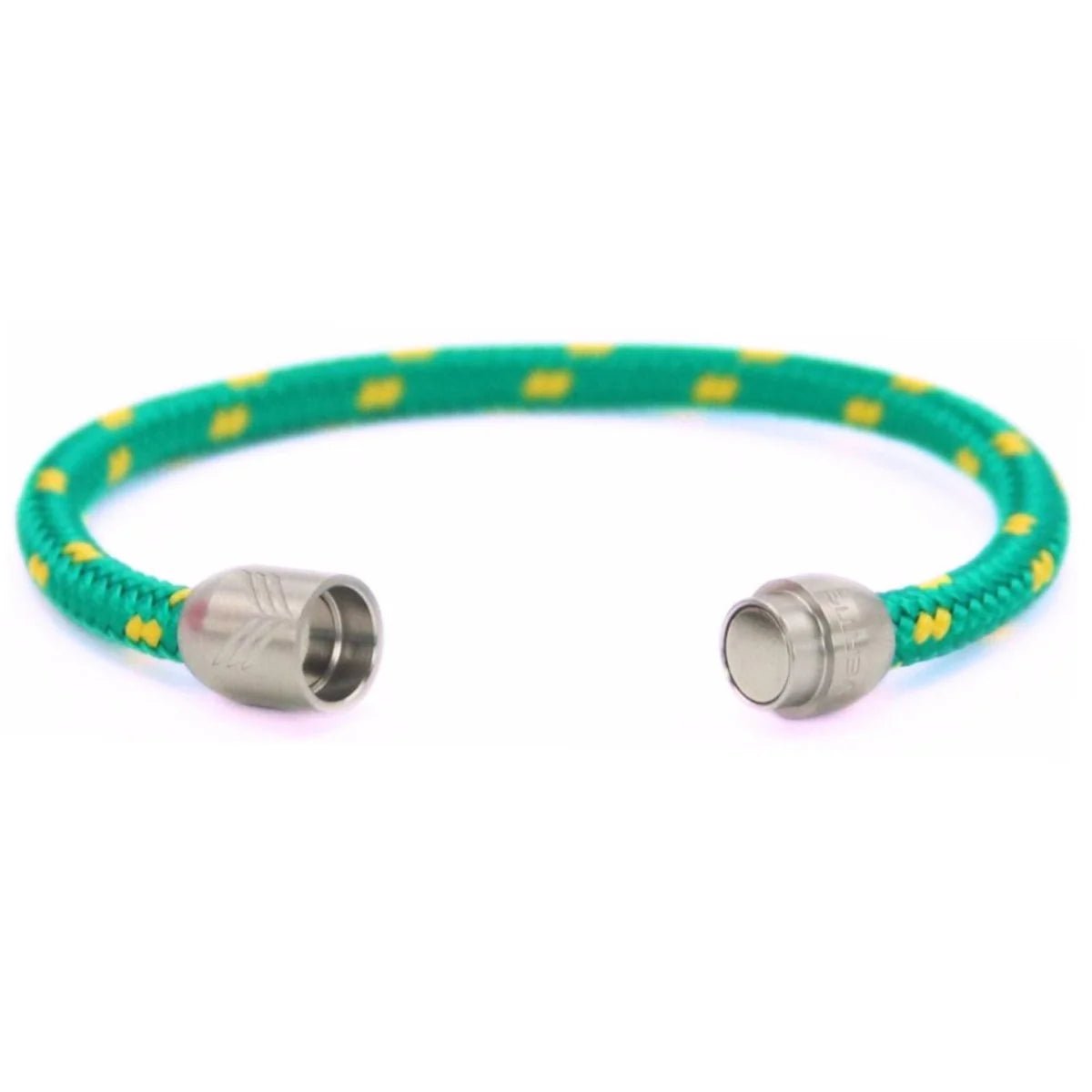 Vertig Magnetic Nautical Paracord Bracelet Green Yellow (Slim) unclasped. Reveals the high-quality paracord and strong magnetic closure.