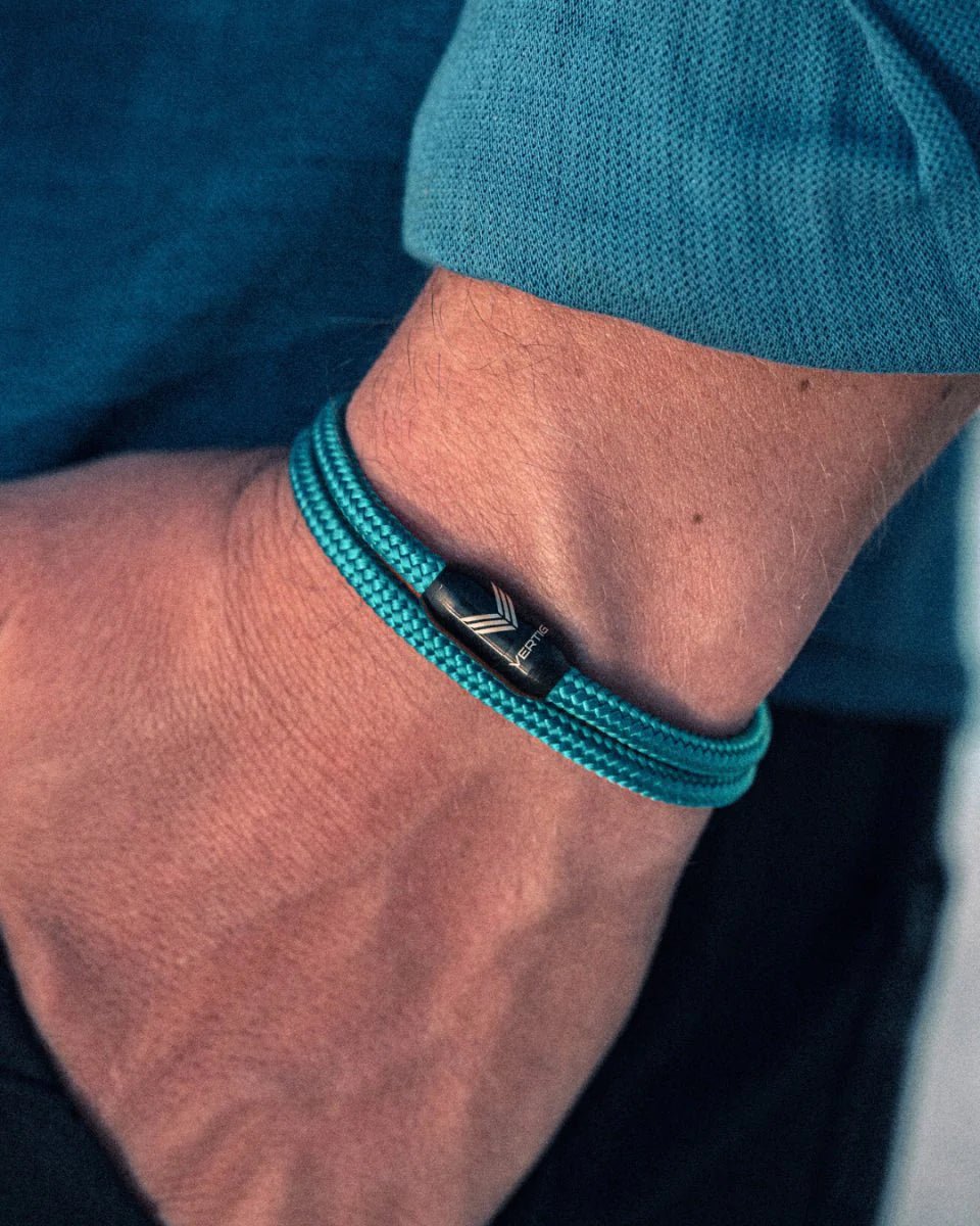 Vertig Magnetic Nautical Paracord Bracelet Turquoise on a man. A versatile accessory for an active, stylish look.