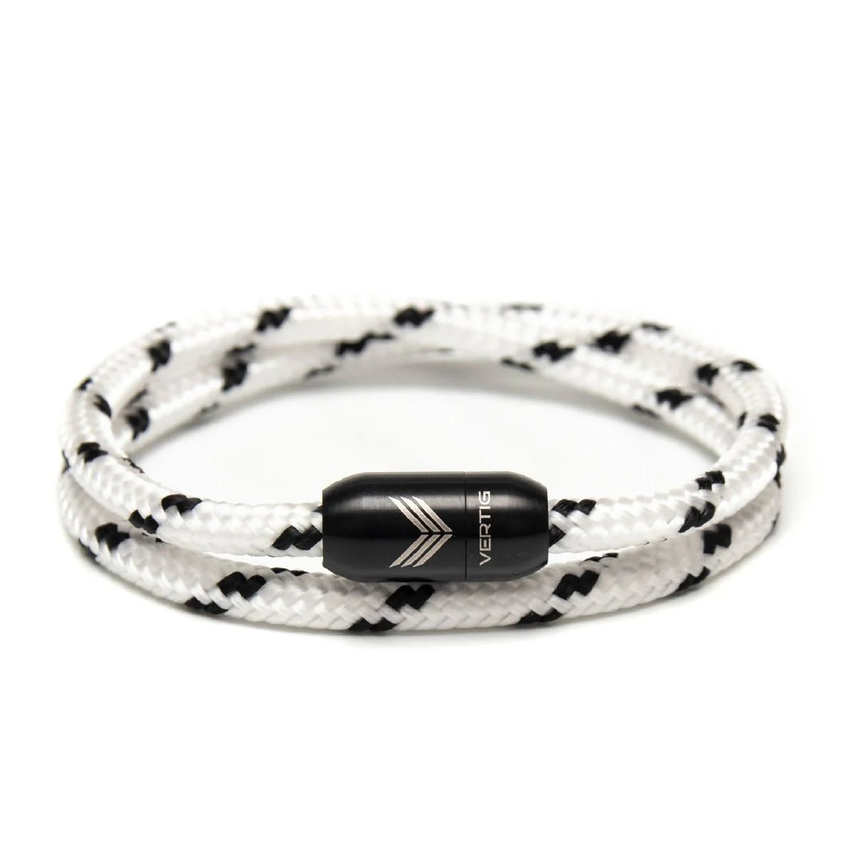 Vertig Magnetic Nautical Paracord Bracelet White Black. Full view showcasing its classic, contrasting colors.