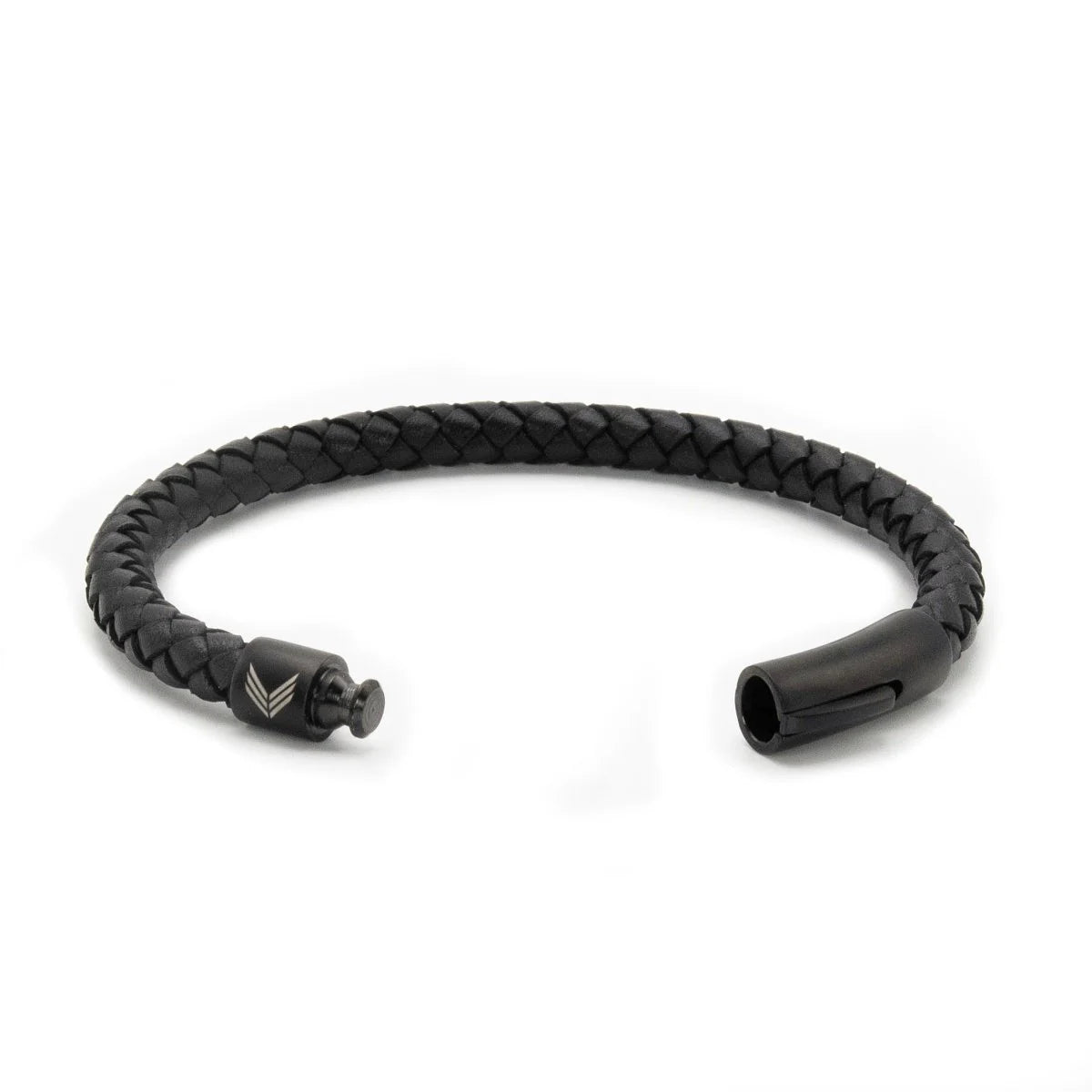 Vertig Leather Bracelet Black unclasped. Reveals the pristine craftsmanship of the leather strip and the robust, secure fastening mechanism.