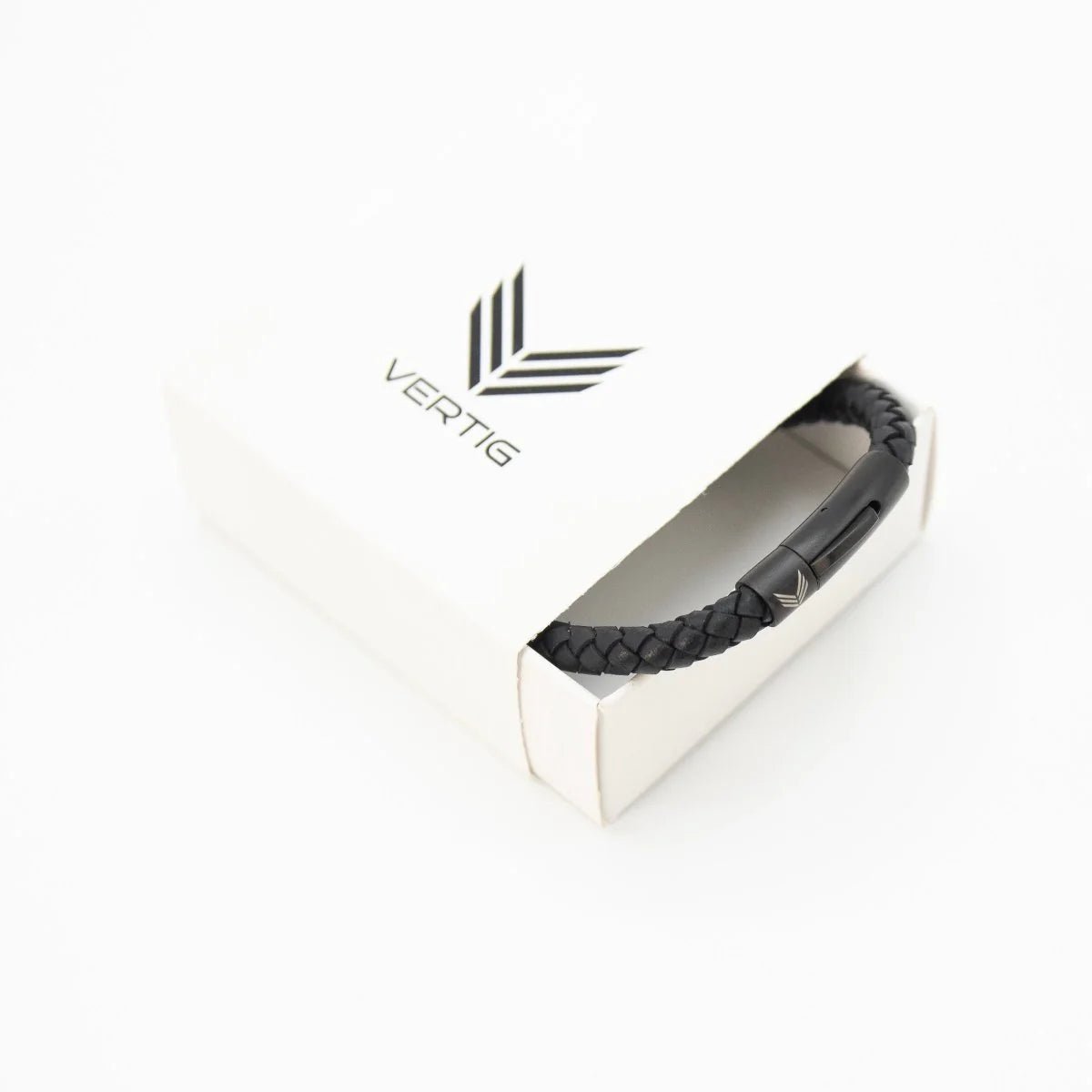 Vertig Leather Bracelet Black carefully placed in its branded gift box. An ideal, sophisticated present for any discerning recipient.