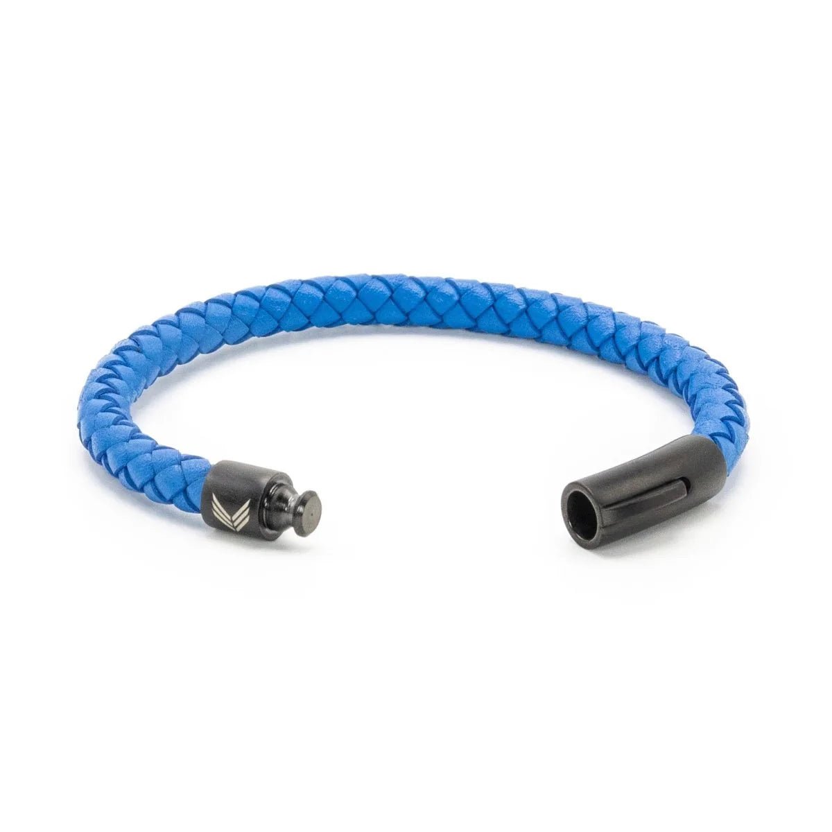 Vertig Leather Bracelet Blue unclasped. Reveals the smooth, expert craftsmanship of the leather and its secure fastening mechanism.