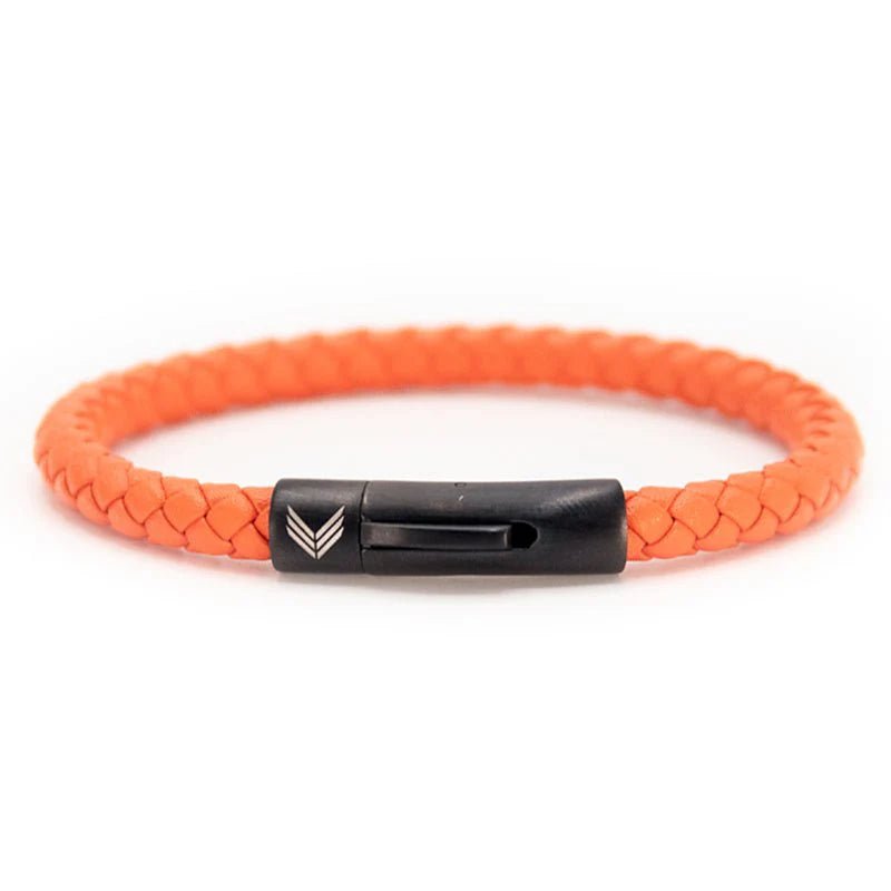 Vertig Leather Bracelet Orange. Full view showcasing its vibrant, premium orange leather and sleek design.