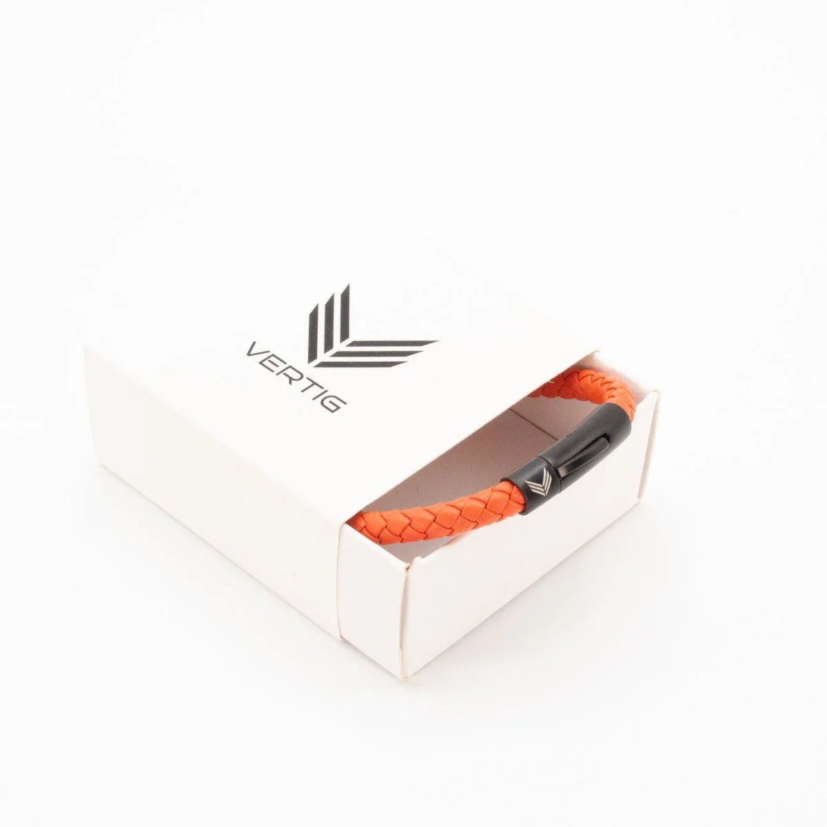 Vertig Leather Bracelet Orange presented in a luxurious branded gift box. Ideal for a thoughtful and vibrantly styled gift.
