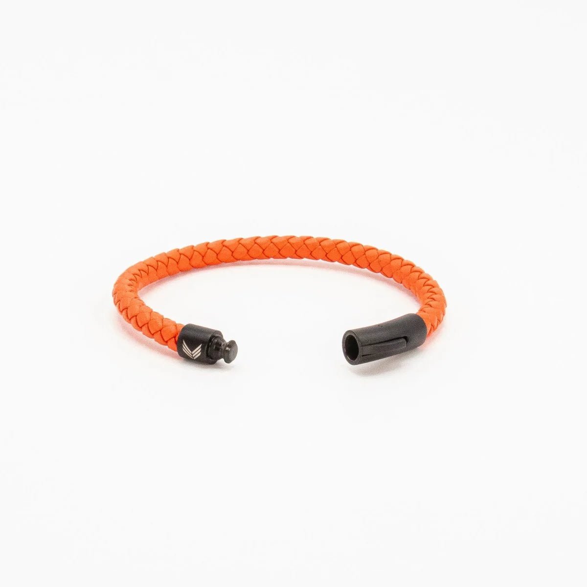 Vertig Leather Bracelet Orange unclasped. Reveals the smooth, expert craftsmanship of the leather and its robust fastening mechanism.