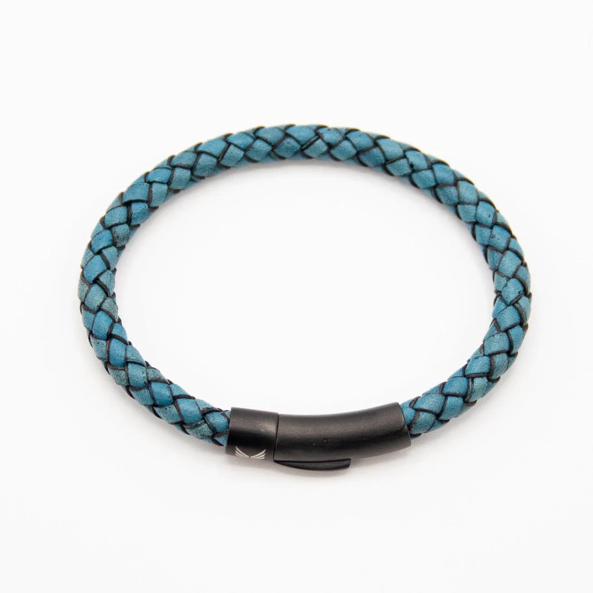 Vertig Leather Bracelet Vintage Blue clasped. Demonstrates the seamless integration of the sleek clasp, creating a polished look on the wrist.