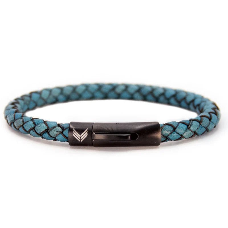 Vertig Leather Bracelet Vintage Blue. Full view, highlighting its unique, subtly aged blue leather and sleek design.