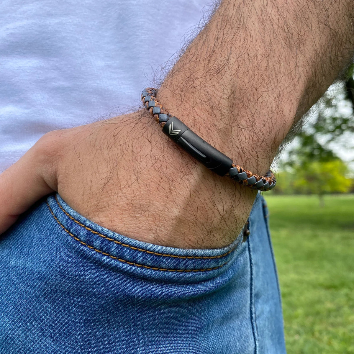 Vertig Leather Bracelet Vintage Bronze on a man&#39;s forearm. Showcases the premium texture of this genuine leather, perfect for adding depth to style.