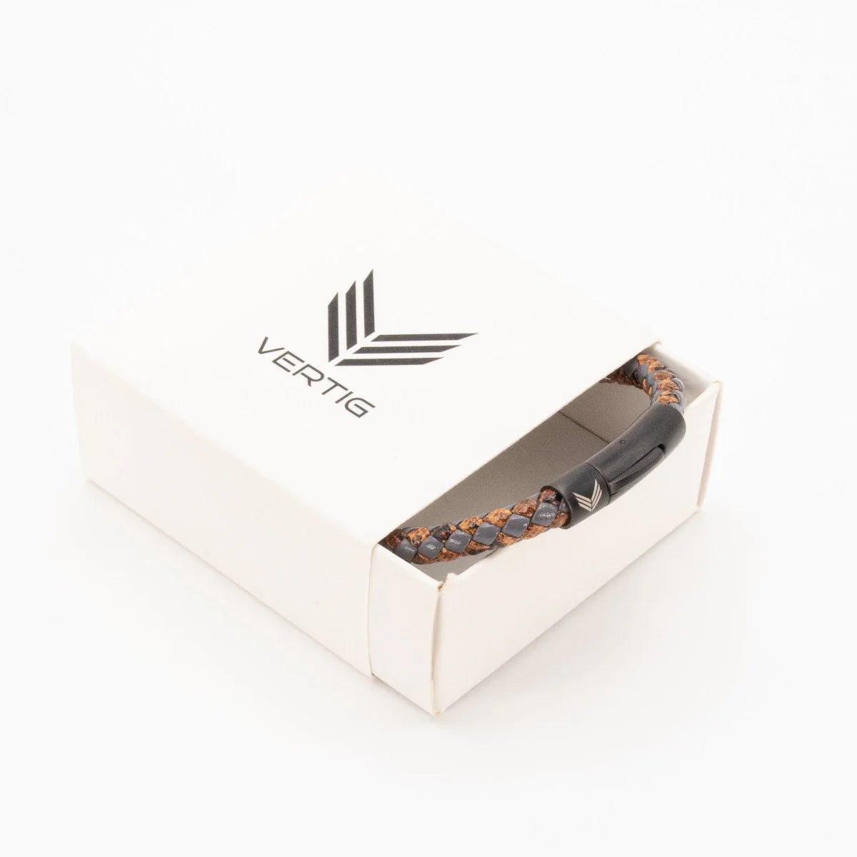 Vertig Leather Bracelet Vintage Bronze carefully placed in its branded gift box. An ideal, distinctive present with lasting appeal.