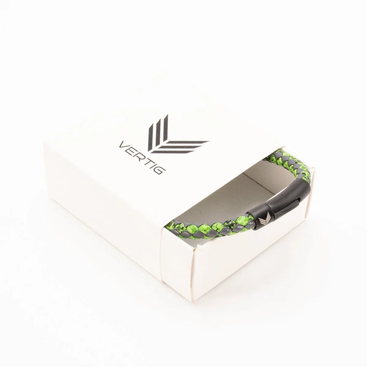 Vertig Leather Bracelet Vintage Green carefully placed in its branded gift box. An ideal, distinctive present with lasting vintage appeal.
