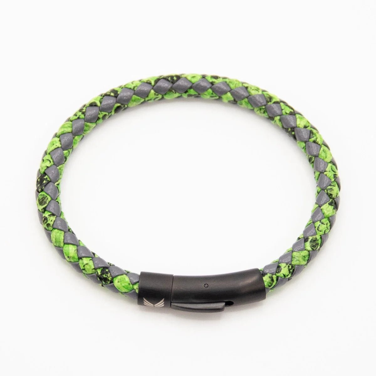 Vertig Leather Bracelet Vintage Green clasped. Demonstrates the seamless integration of the sleek clasp, creating a polished look on the wrist.