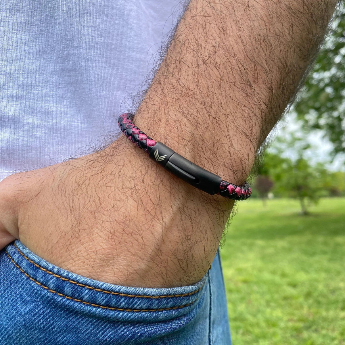 Vertig Leather Bracelet Vintage Red on a man&#39;s forearm. Showcases the premium texture of this genuine leather, adding bold character.