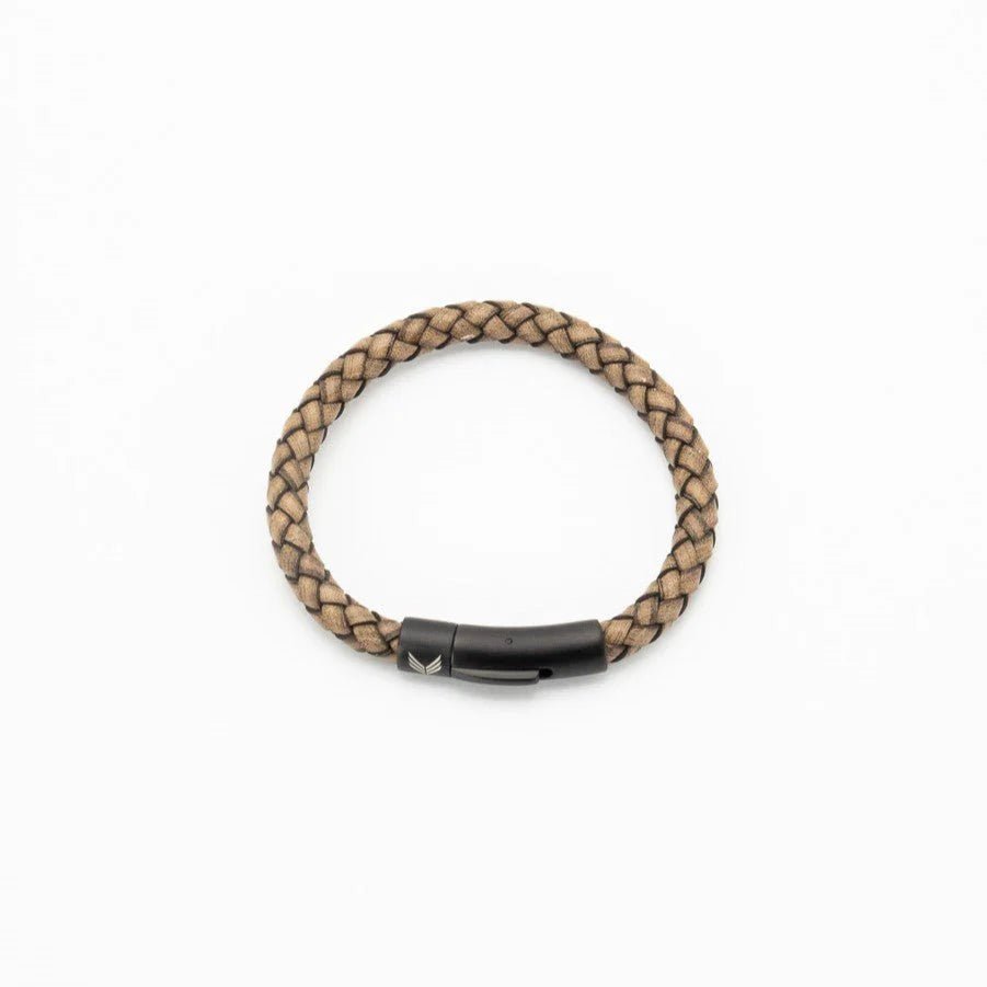 Vertig Leather Bracelet Vintage White clasped. Demonstrates the seamless integration of the sleek clasp, creating a polished look on the wrist.