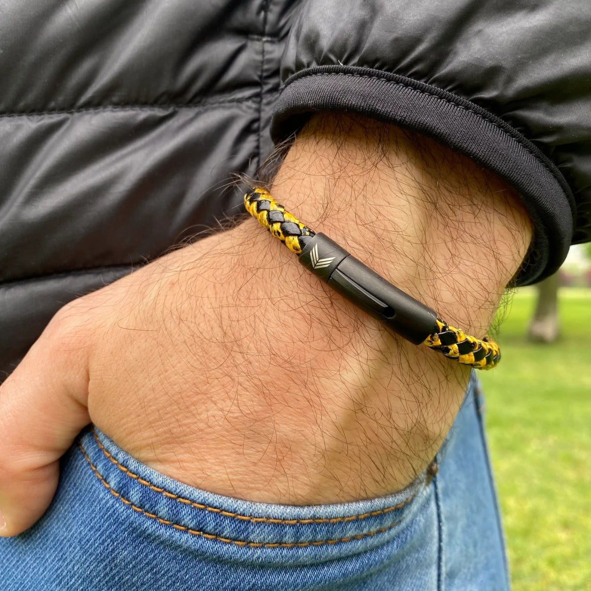 Vertig Leather Bracelet Vintage Yellow on a man. A versatile accessory, offering a touch of classic appeal with its unique antique yellow.