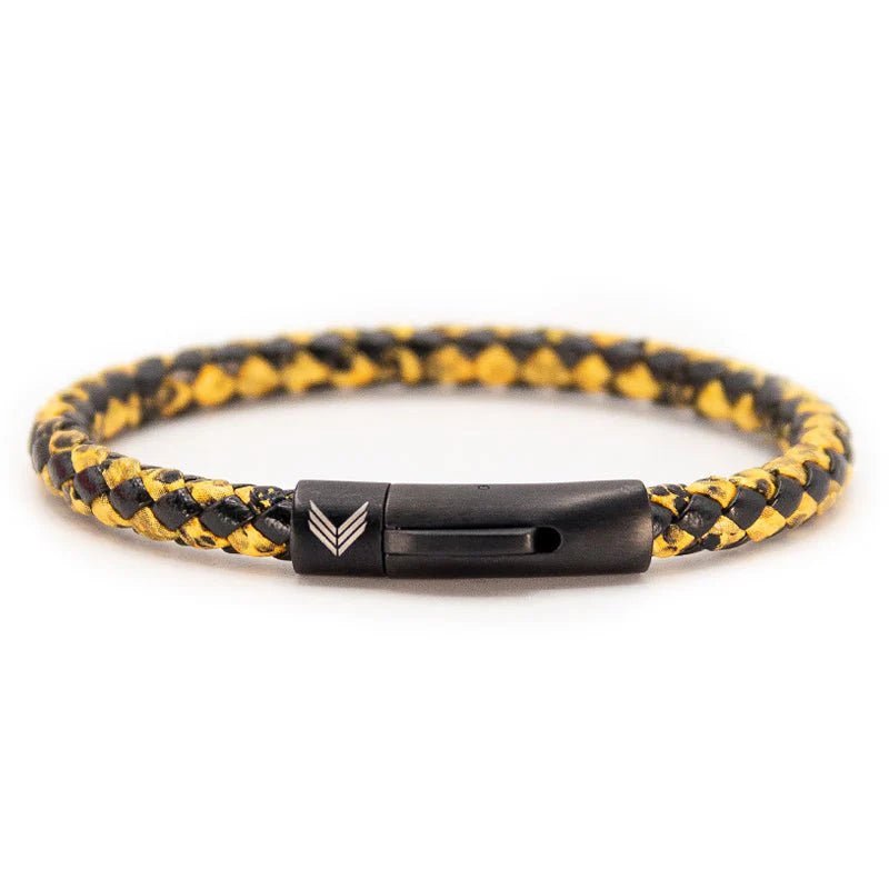Vertig Leather Bracelet Vintage Yellow. Full view, highlighting its warm, aged yellow leather and sophisticated design.