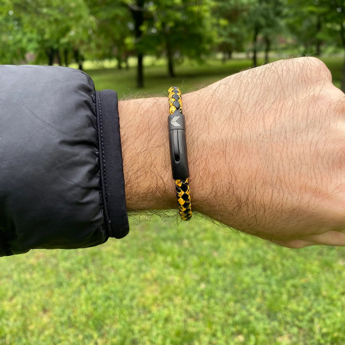 Vertig Leather Bracelet Vintage Yellow on a man&#39;s forearm. Showcases the premium texture of this genuine leather, adding unique character.