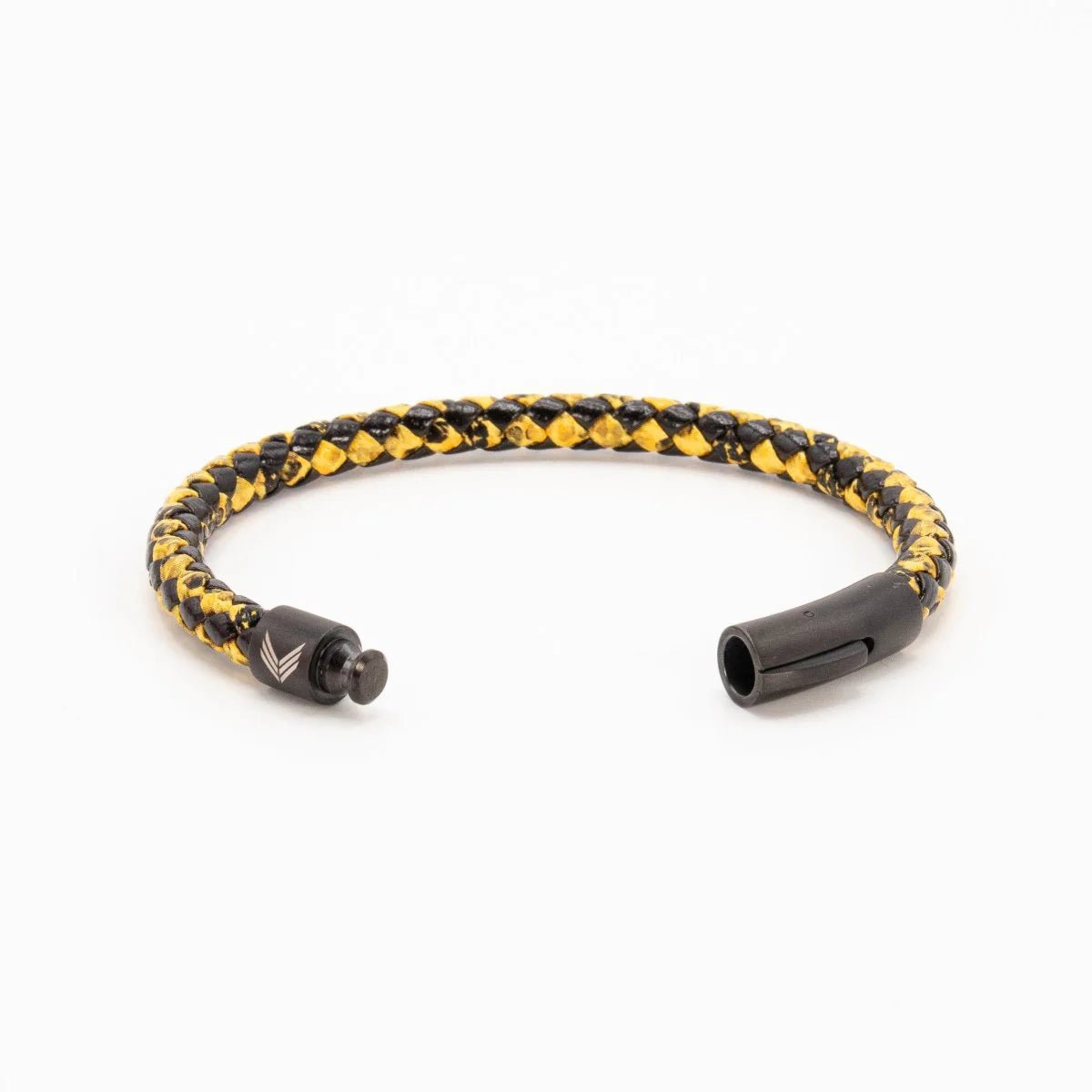 Vertig Leather Bracelet Vintage Yellow unclasped. Reveals the pristine craftsmanship of the leather strip and its robust, secure fastening mechanism.