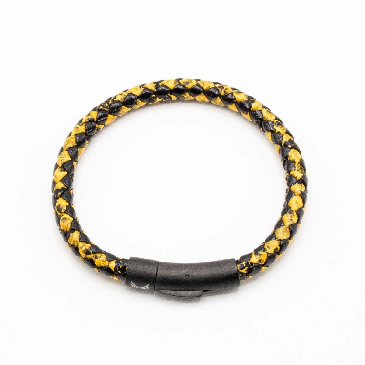 Vertig Leather Bracelet Vintage Yellow clasped. Demonstrates the seamless integration of the sleek clasp, creating a polished look on the wrist.