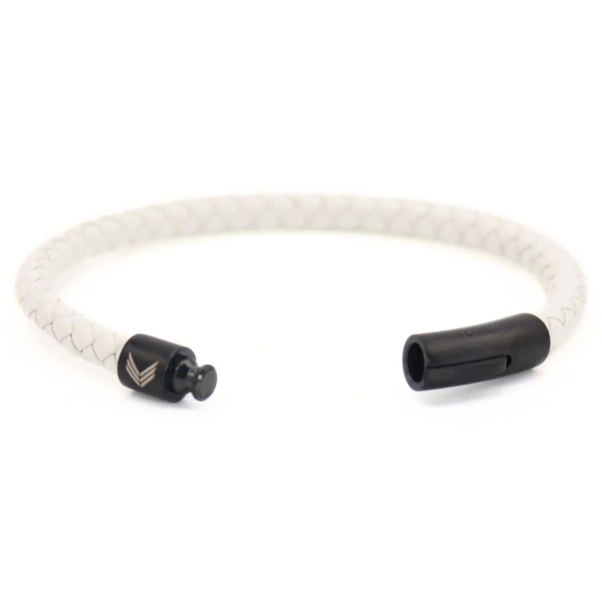 Vertig Leather Bracelet White unclasped. Reveals the smooth, expert craftsmanship of the leather and its robust fastening mechanism.