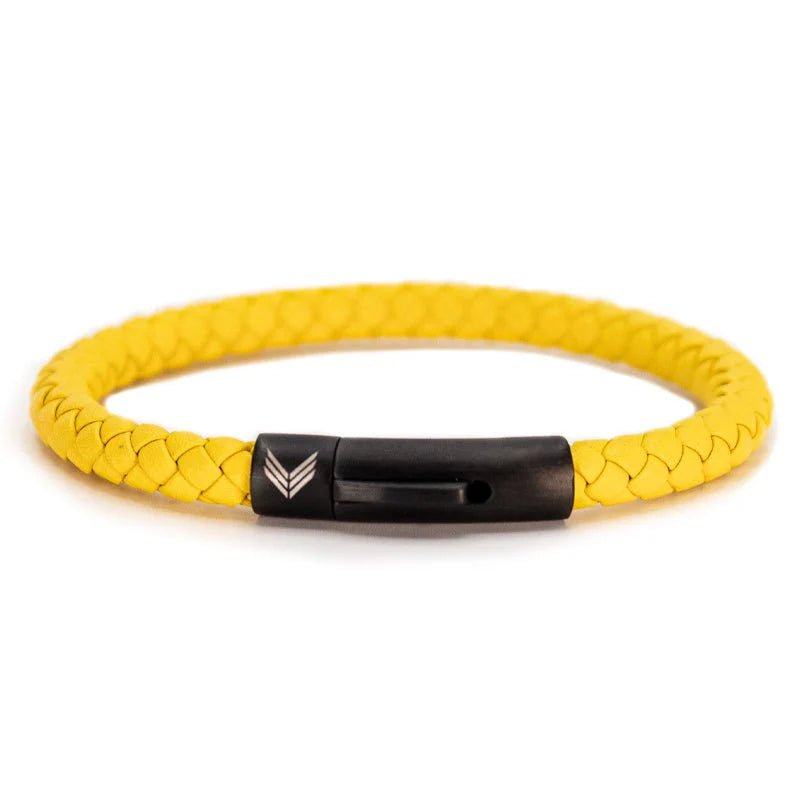 Vertig Leather Bracelet Yellow. Full view showcasing its bright, premium yellow leather and sleek design.