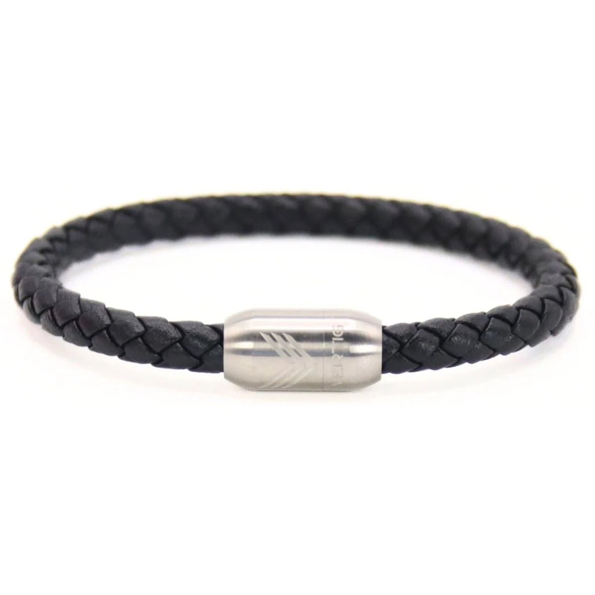 Vertig Magnetic Leather Bracelet Black (Slim). Full view showcasing its sleek, refined black leather and subtle design.
