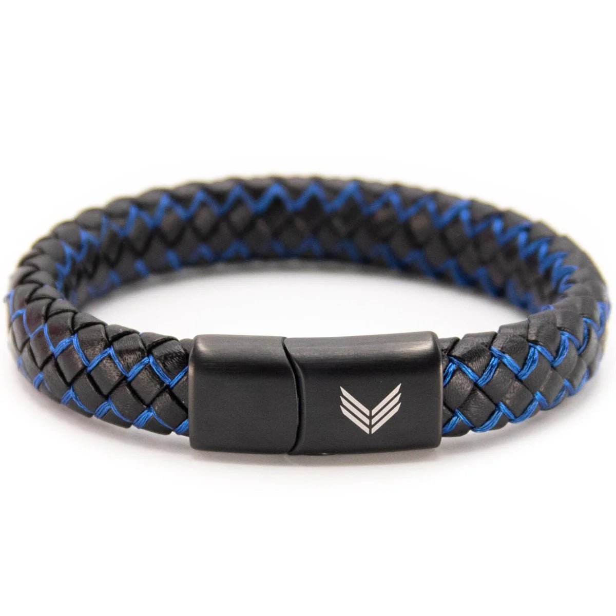 Vertig Magnetic Wide Leather Bracelet Black-Blue. Full view showcasing its striking black leather with a bold blue accent.