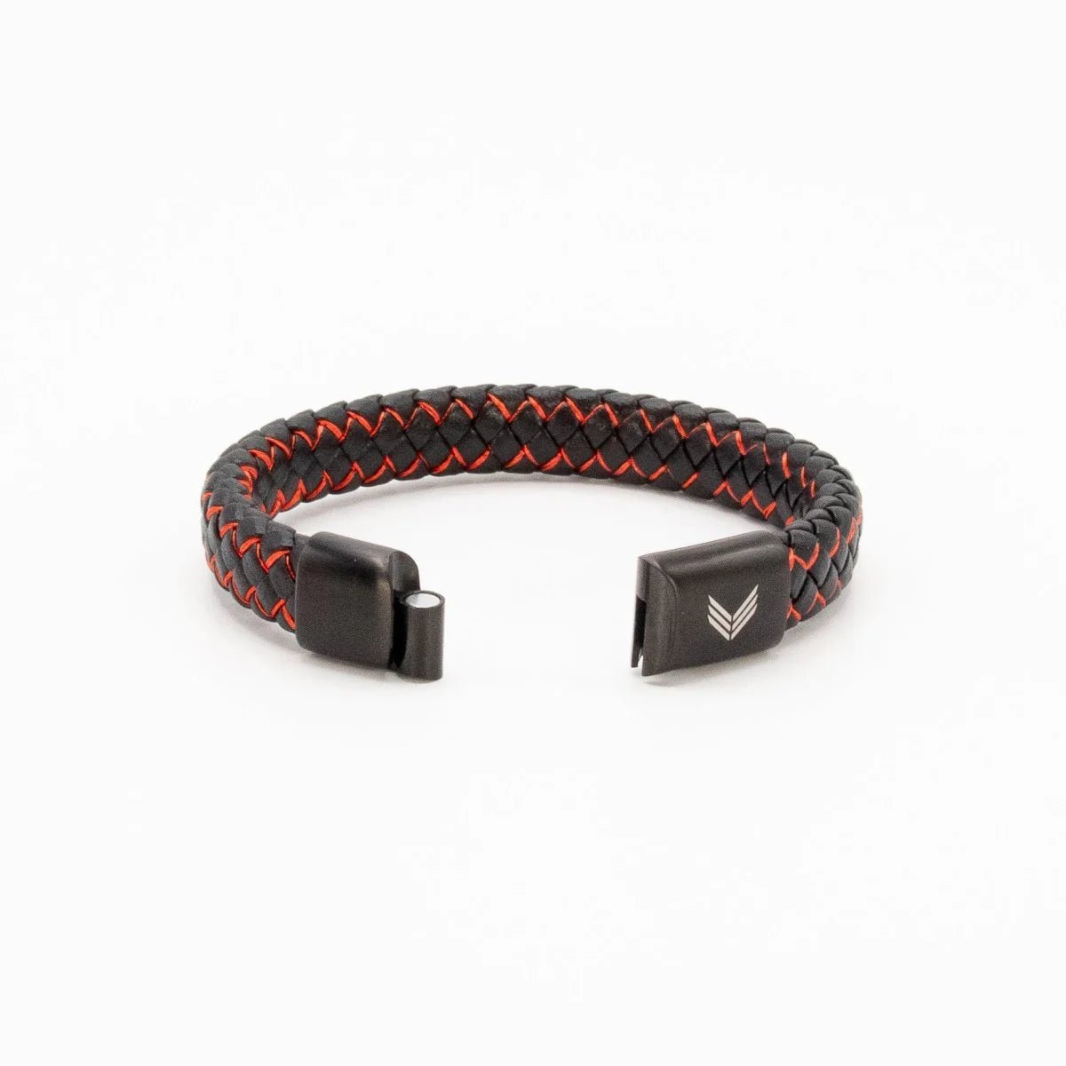 Vertig Magnetic Wide Leather Bracelet Black-Red unclasped. Reveals the smooth interior leather and the robust, secure magnetic closure mechanism.