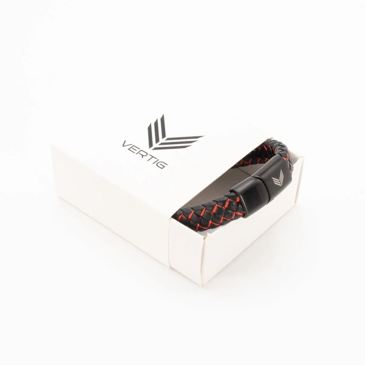 Vertig Magnetic Wide Leather Bracelet Black-Red presented in a luxurious branded box. Ideal for a sophisticated, memorable present.