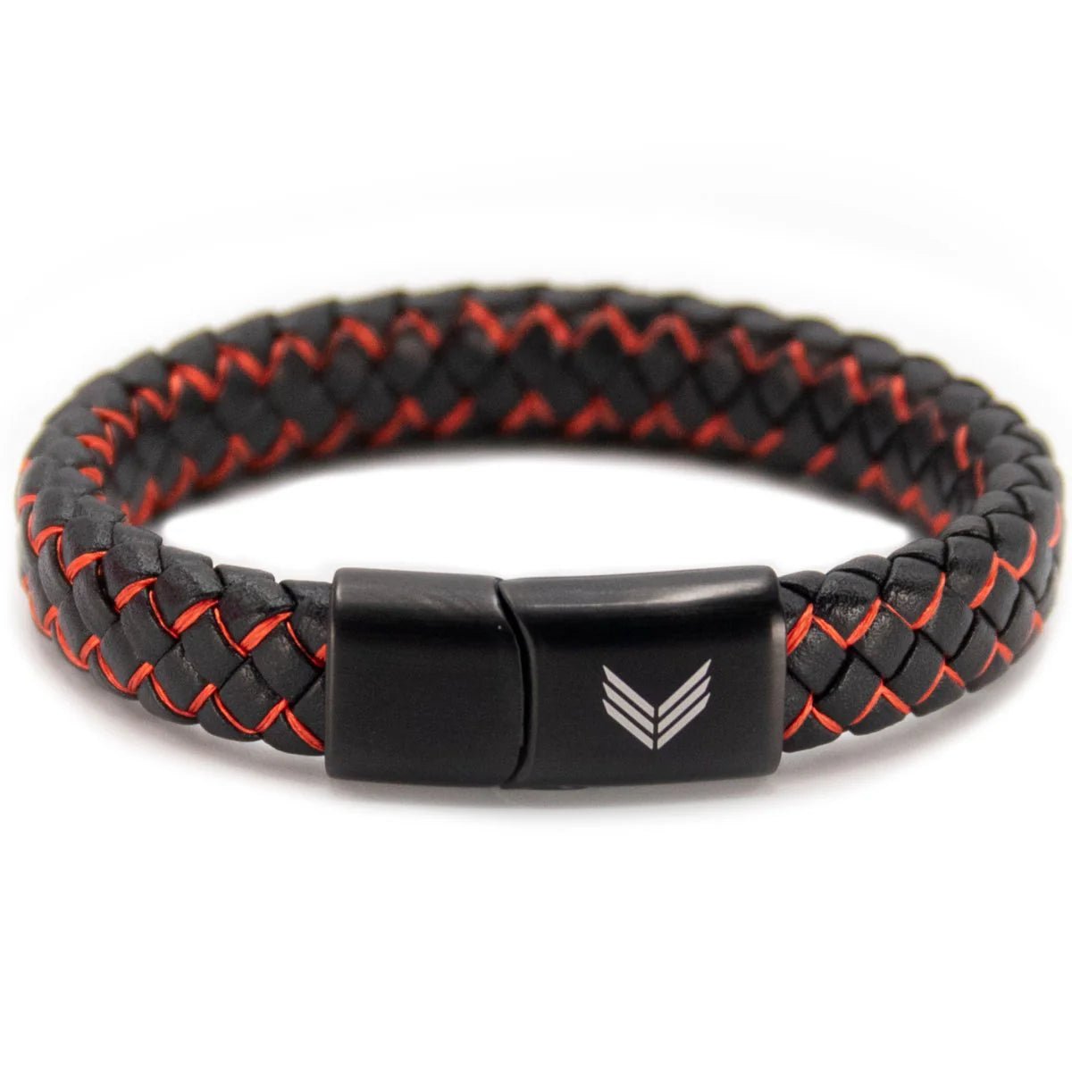 Vertig Magnetic Wide Leather Bracelet Black-Red. Full view showcasing its striking black leather with a bold red accent.