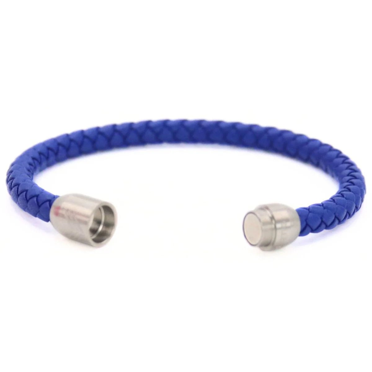 Vertig Magnetic Leather Bracelet Blue (Slim) unclasped. Reveals the smooth, high-quality leather construction and precise magnetic closure mechanism.