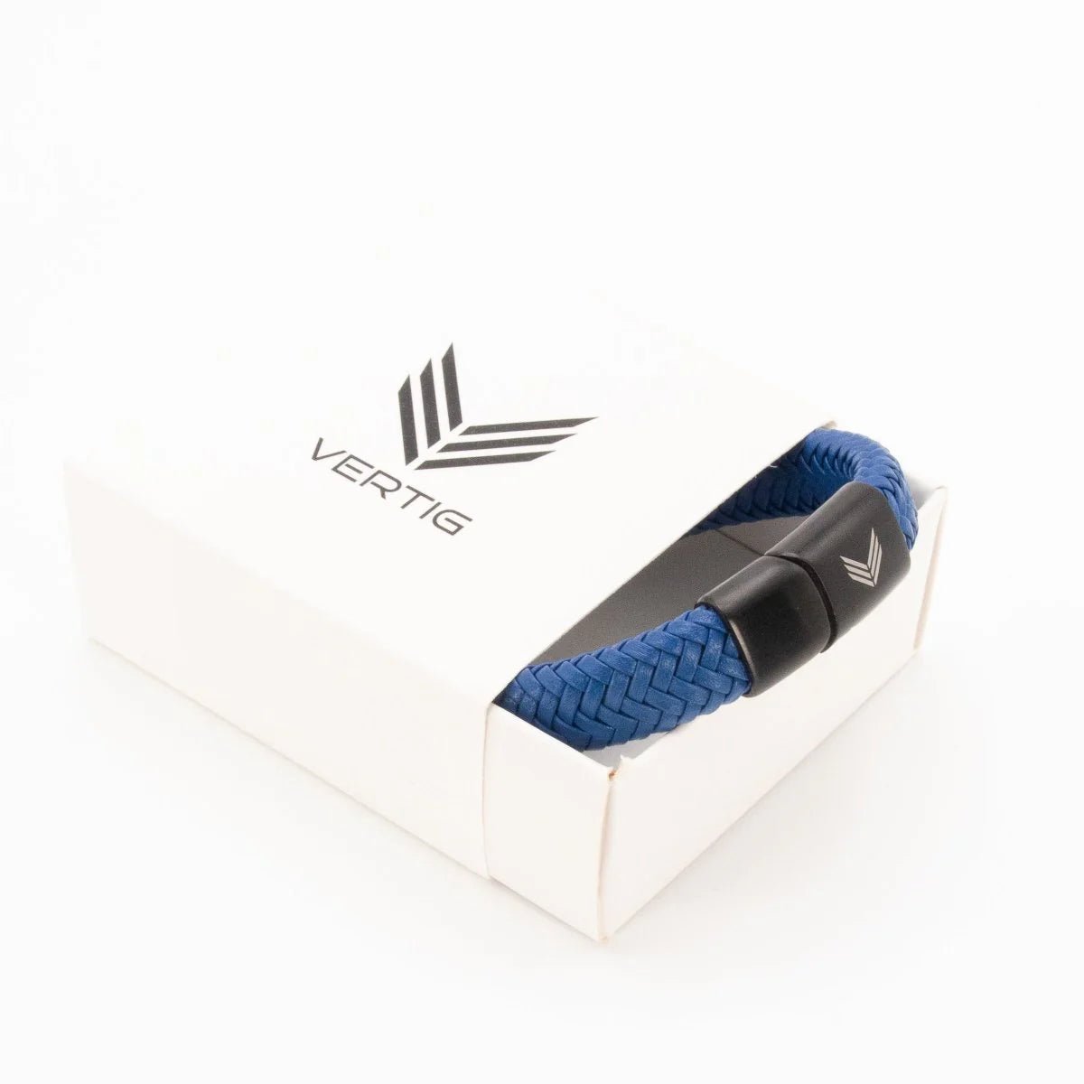 Vertig Magnetic Wide Leather Bracelet Blue presented in a luxurious branded gift box. Ideal for a sophisticated, memorable present.