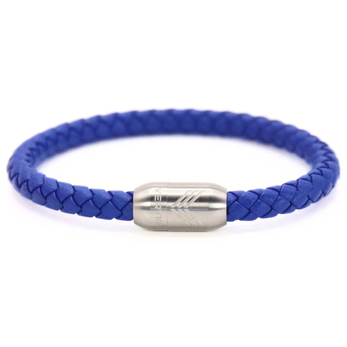Vertig Magnetic Leather Bracelet Blue (Slim). Full view showcasing its elegant, understated blue leather design.