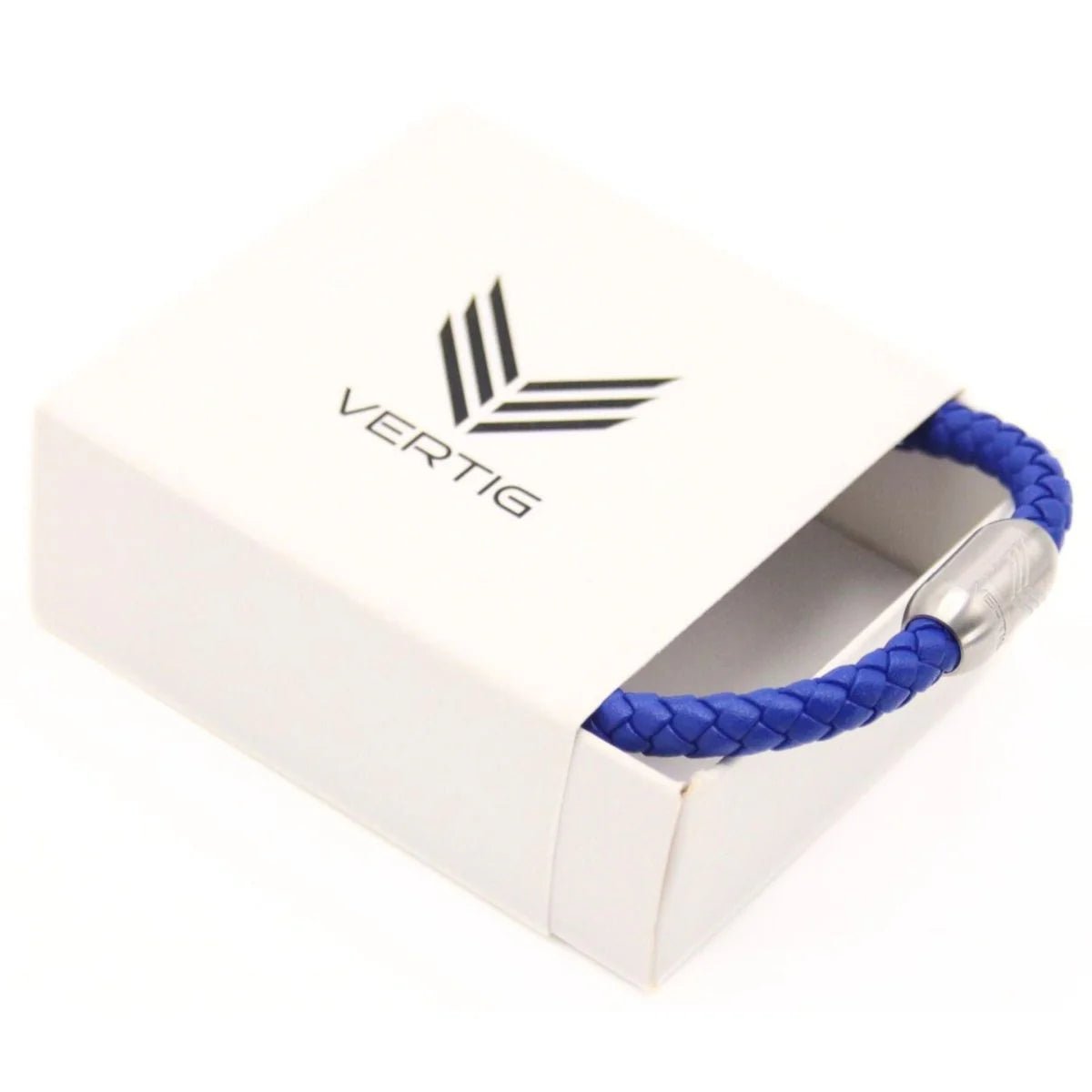 Vertig Magnetic Leather Bracelet Blue (Slim) presented in a luxurious branded gift box. Ideal for a thoughtful and stylish blue-themed gift.