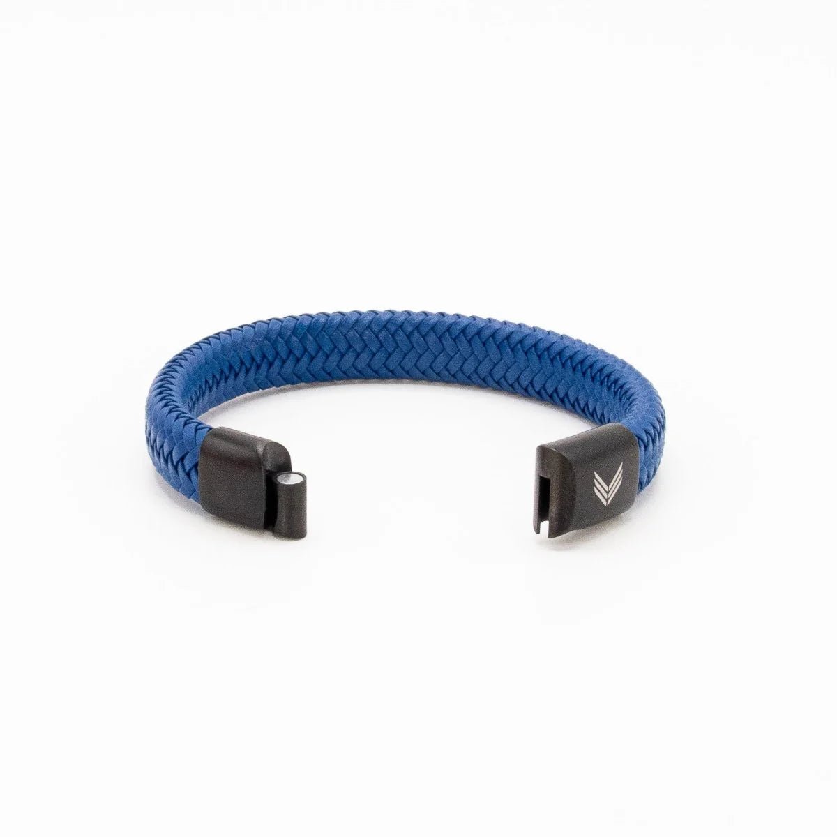 Vertig Magnetic Wide Leather Bracelet Blue unclasped. Reveals the smooth interior leather and the robust, secure magnetic closure mechanism.