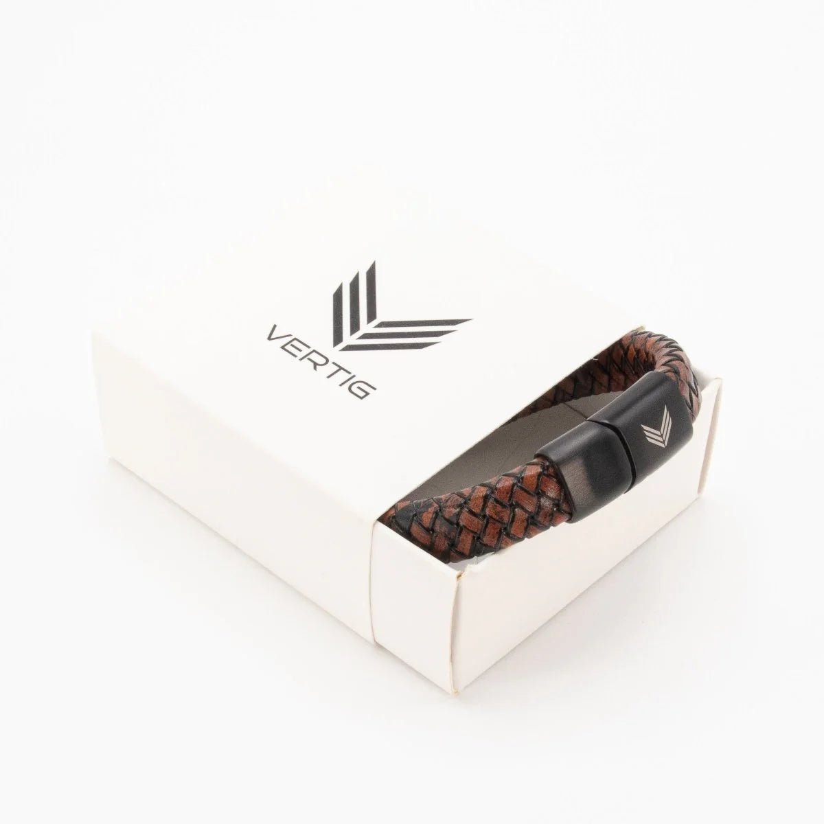 Vertig Magnetic Wide Leather Bracelet Brown presented in a luxurious branded gift box. Ideal for a classic, memorable present.