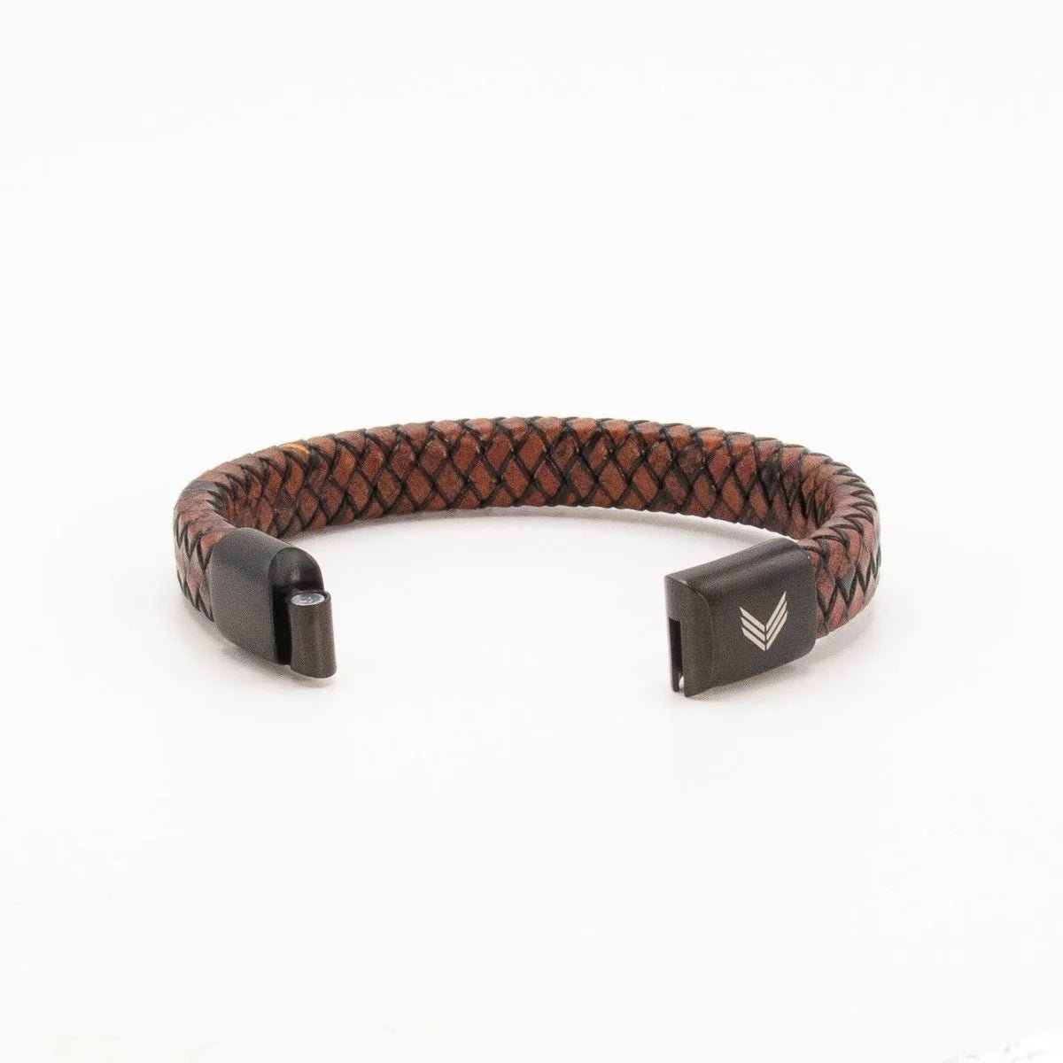 Vertig Magnetic Wide Leather Bracelet Brown unclasped. Reveals the supple interior leather and the robust, secure magnetic closure mechanism.