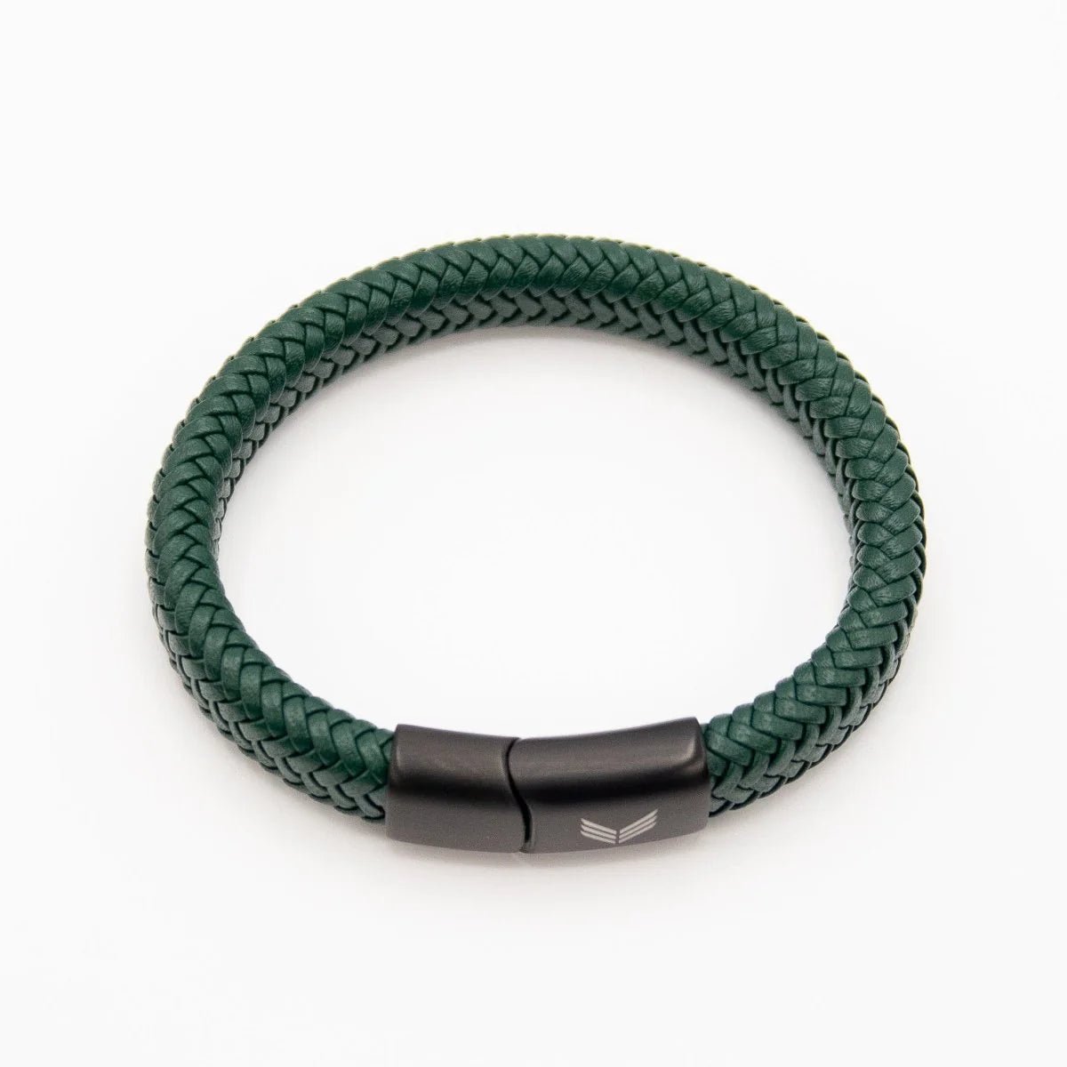 Vertig Magnetic Wide Leather Bracelet Green clasped. Demonstrates the seamless, stylish fit of its quick-release magnetic clasp on the wrist.
