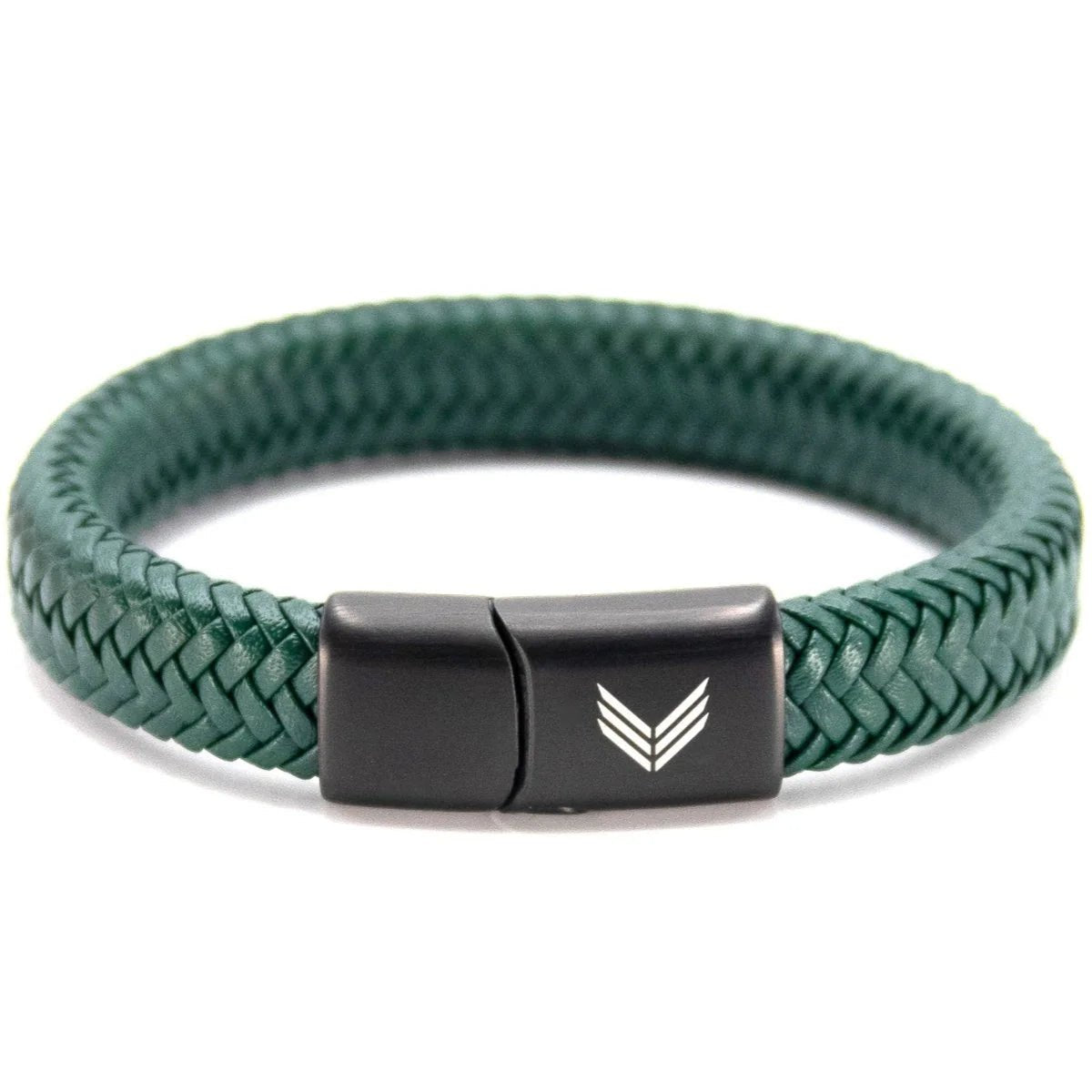 Vertig Magnetic Wide Leather Bracelet Green. Full view highlighting its rich, earthy green leather and sleek magnetic clasp.